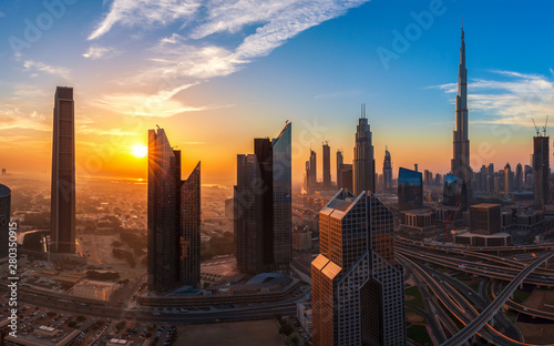 Dubai at sunrise. Panorama shot