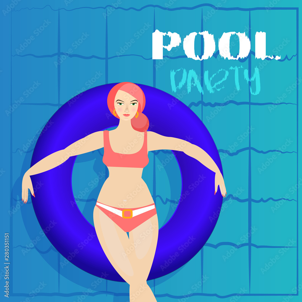 Young woman sunbath on ring in the swimming pool, colorful cartoon illustration