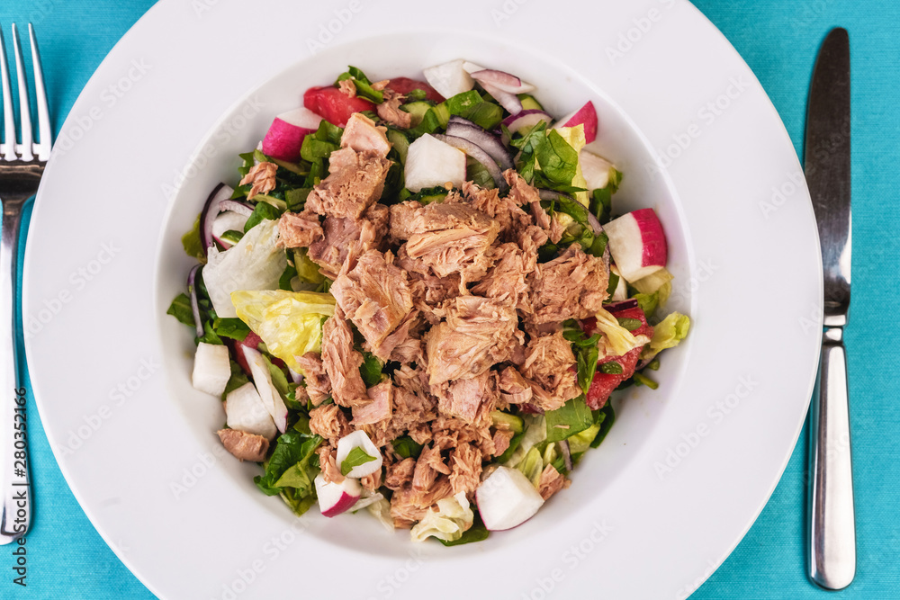 Seafood, Mediterranean cuisine. Salad from sea tuna fish with greens, cucumber, lemon and chili pepper, radish. Japanese food Seafood, Mediterranean cuisine. Salad from sea tuna fish with greens, cucumber, lemon and chili pepper, radish. Japanese food