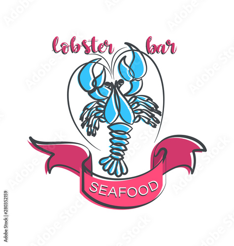 Lobster bar. SEAFOOD. Emblem with red ribbon. Draft beer, bar, shop, emblems and labels. Corporate identity corporate identity logo design template.