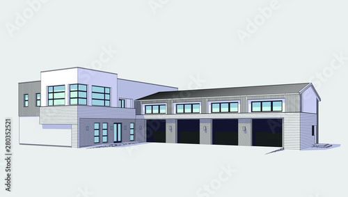 3d automobile repair shop. Architectural blueprint.