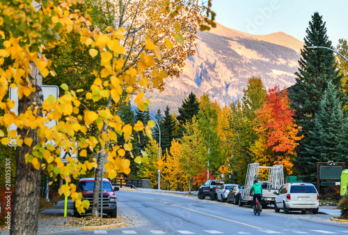 The streets of Canmore in autumn, canadian Rocky Mountains. Canmore is located in the Bow Valley near Banff National park and one of the most famous town in Canada