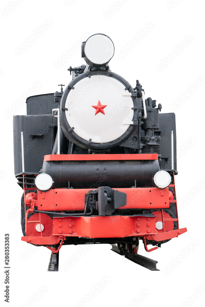 the facade of a historic steam locomotive Red, isolated on white background