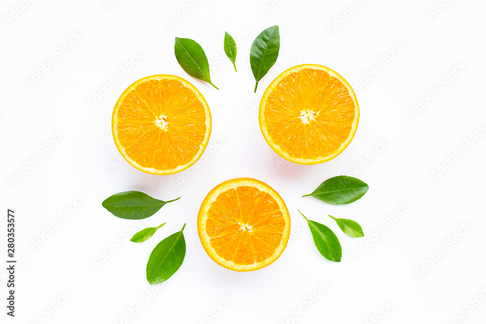 Fresh orange citrus fruit with leaves isolated on white background. Fresh orange citrus fruit with leaves isolated on white background.