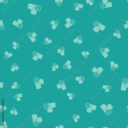 Green Cryptocurrency coin Bitcoin icon isolated seamless pattern on green background. Blockchain technology, bitcoin, digital money market, cryptocoin wallet. Vector Illustration