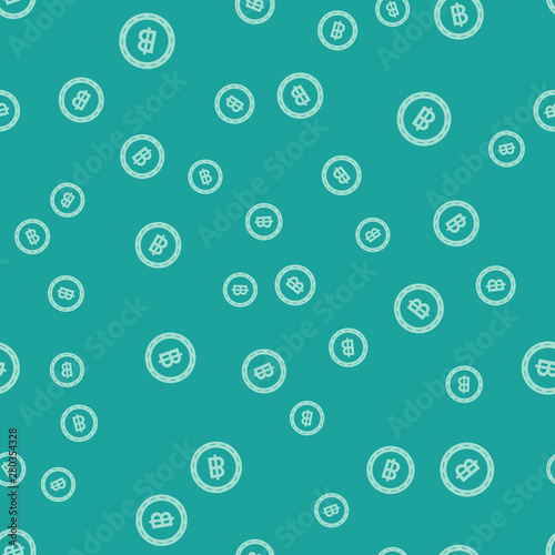 Green Cryptocurrency coin Bitcoin icon isolated seamless pattern on green background. Blockchain technology, bitcoin, digital money market, cryptocoin wallet. Vector Illustration