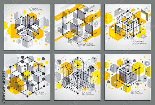 Engineering technological yellow vector 3D wallpapers set made with cubes and lines. Illustration of engineering system, abstract technological backdrop. Abstract technical background.