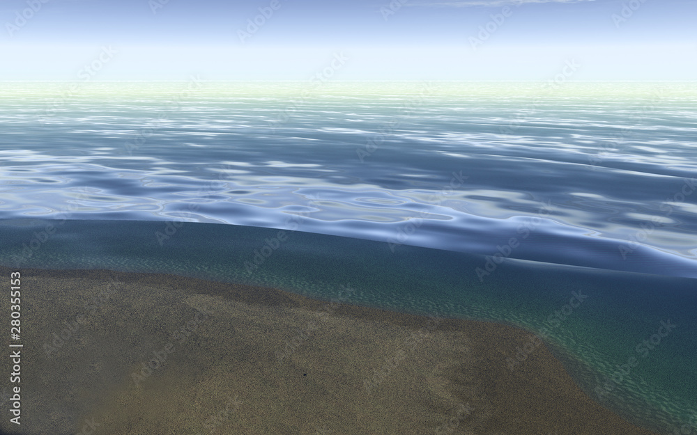 The sea and sandy beach made in 3D Render The sea and sandy beach made in 3D Render