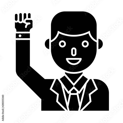 Businessman raising right arm vector illustration, solid style icon
