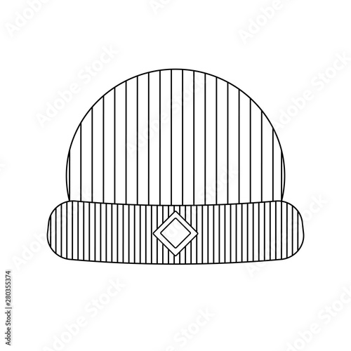 Icon of knitted winter hat. Black outline headwear with badge and stripes in a simple style. Isolated element for web design, mobile app and any other purpose. Vector illustration.