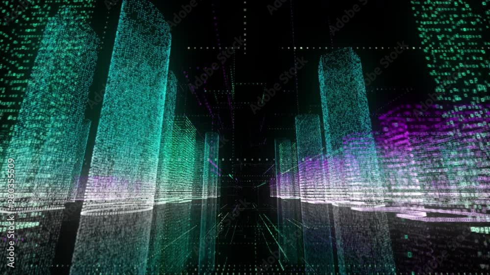 Digital technology and business concept background of bright neon wireframe of modern digital city center with skyscrapers consist of symbols around camera motion. 3d rendering 4K video.