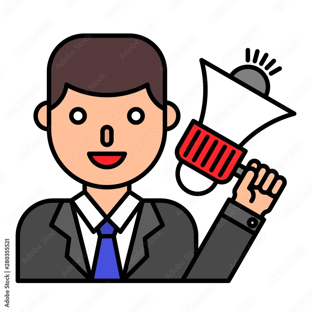 Businessman with megaphone in hand vector, filled style editable outline icon Businessman with megaphone in hand vector, filled style editable outline icon
