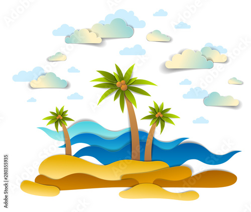 Beautiful seascape with sea waves, beach and palms, clouds in the sky, vector illustration in paper cut style, seashore summer beach holidays theme.