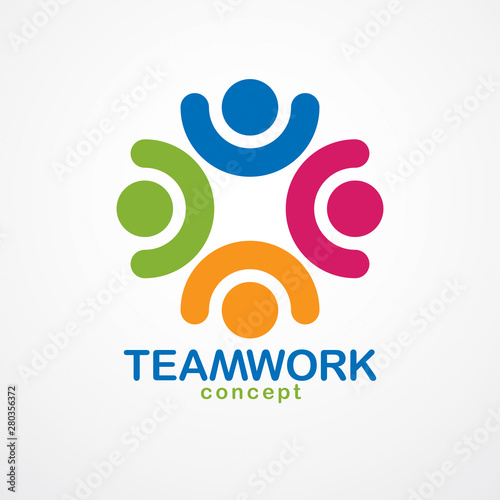 Teamwork and friendship concept created with simple geometric elements as a people crew. Vector icon or logo. Unity and collaboration idea  dream team of business people colorful design.