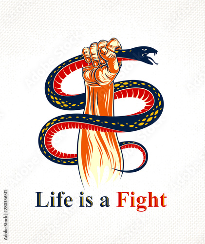 Hand squeezes a snake, fight against evil, control your dark side, internal conflict, archetype shadow, life is a fight concept, vintage vector logo or tattoo.