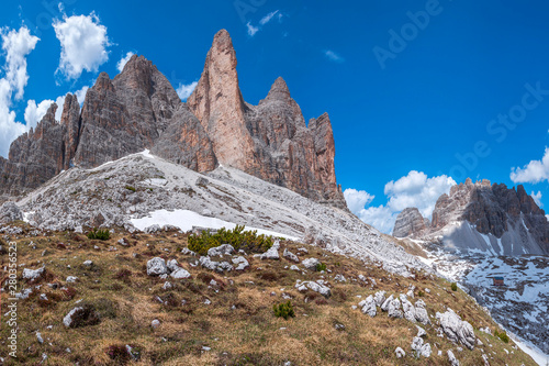 World famous peaks of Cime di Lavaredo National park, UNESCO world heritage site in Dolomites, Italy