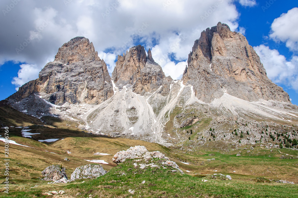 The three peaks of Sassolungo Langkofel in the Dolomites, Italy.