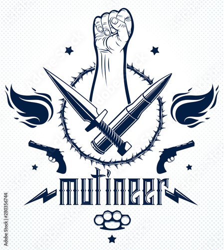 Revolution and Riot aggressive emblem or logo with strong clenched fist, weapons and different design elements , vector tattoo, anarchy and chaos, rebel partisan and revolutionary.