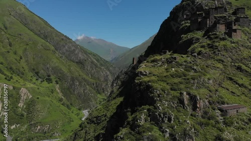 Mutso. Fortress in Tusheti region, Georgia at sunrise Aerial Video