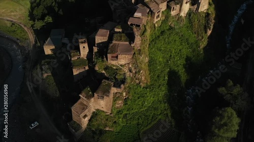 Shatili. Village in Upper Khevsureti, Georgia, at sunrise Aerial Video