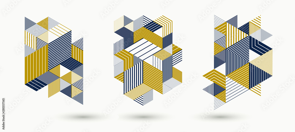 3D cubes and triangles lined stripy abstract vector backgrounds set with retro style elements isolated and easy to use or edit. Templates for posters or banners, covers or ads.