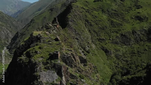 Mutso. Fortress in Tusheti region, Georgia at sunrise Aerial Video