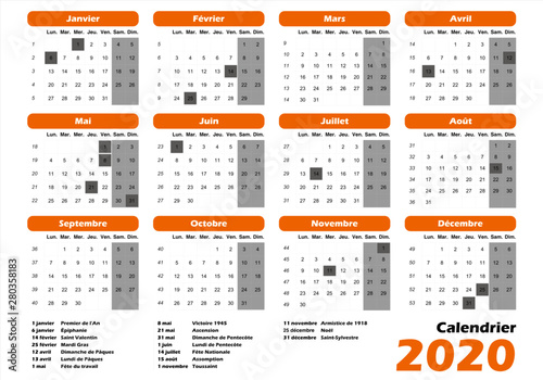 calendrier français 2020 jaune orange