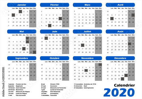 calendrier français 2020 bleu