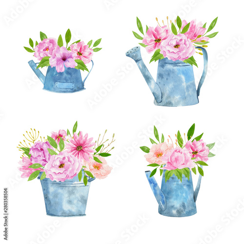 Set of Watercolor vintage gardening tools rusty tin watering can for watering flowers. Hand drawn isolated illustration on white background. Flower bouquets