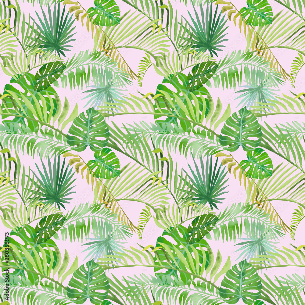 Fototapeta premium Tropical leaves pattern on pink background. Bright summer pattern.