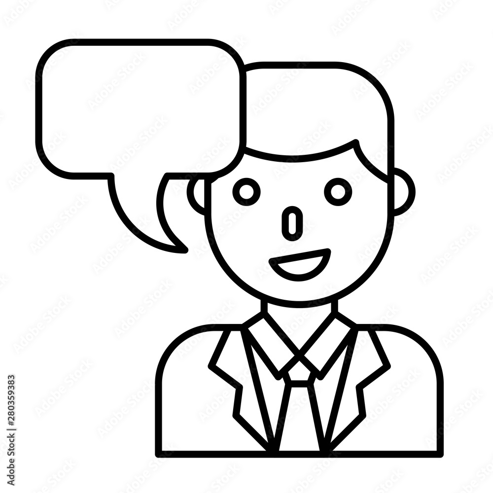 Businessman with bubble talk vector illustration, line style icon