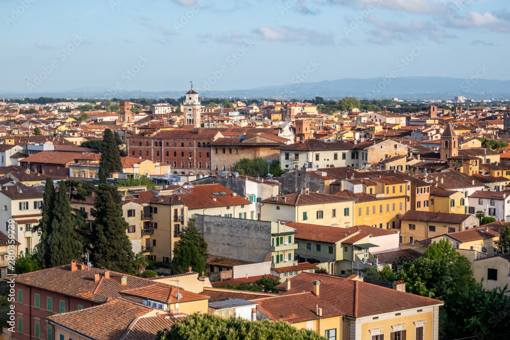Panorama of Pisa old town from the Leaning Tower of Pisa. Tuscany, Italy