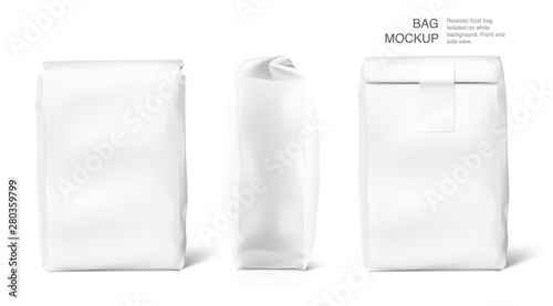 High realistic clean vertical bag mockup with. Front, side, perspective view. Vector illustration isolated on white background. Easy to use for presentation your product, idea, promo, design. EPS10