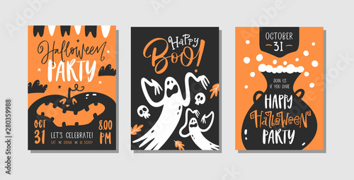 Vector set of Halloween party invitations or greeting cards with handwritten calligraphy and traditional symbols.