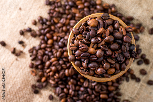 coffee beans in a wooden barrel
