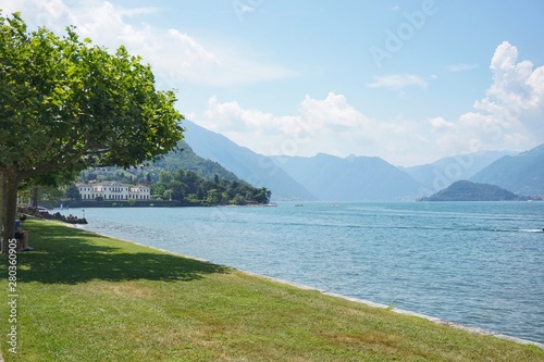 View of Lake Como through the trees at Villa Menzi. Bellagio