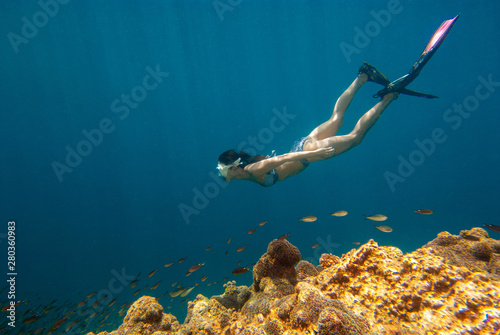 Woman freediver in coral reef and beautiful light in blue ocean during happy holidays underwater world at the sea of chumporn Thailand.