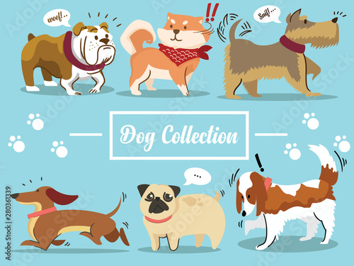 Set of cute cartoon dogs collection on isolated blue background vector illustration