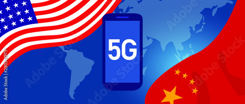 Trade war conflict around 5G network technology illustrated with map and flag between USA and China
