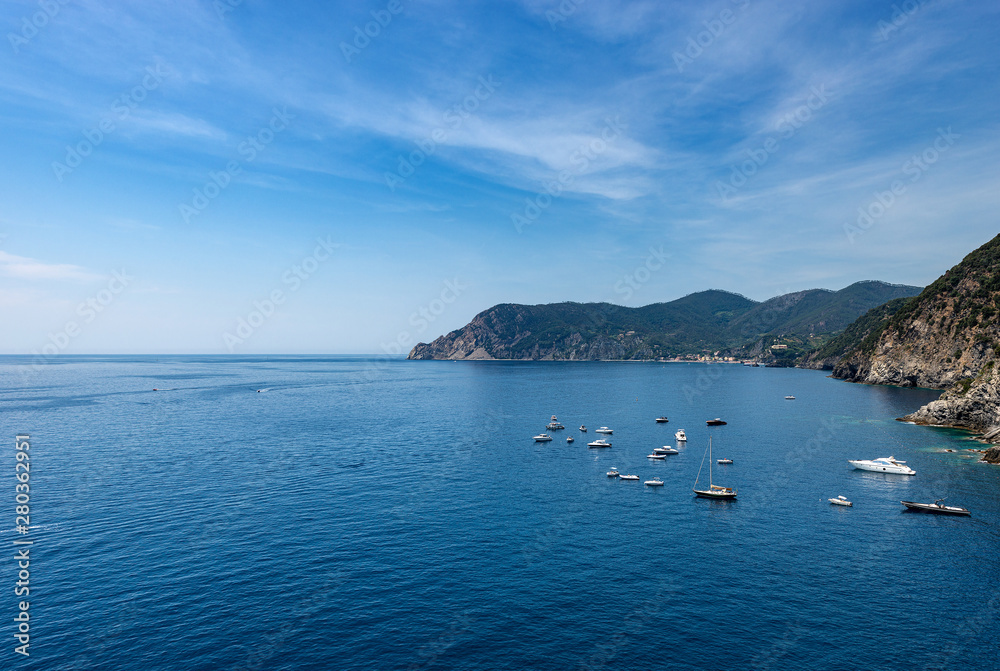 Coastline of Cinque Terre and Mediterranean Sea, National Park and UNESCO world heritage site. Vernazza and Monterosso village, La Spezia, Liguria, Italy, Europe