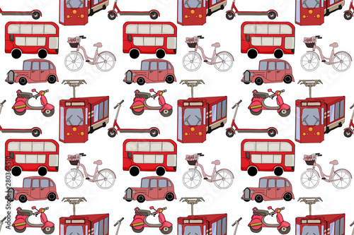 Hand drawn doodle cartoon cars seamless pattern. Wallpaper or textile for baby boy. Transport sketch.