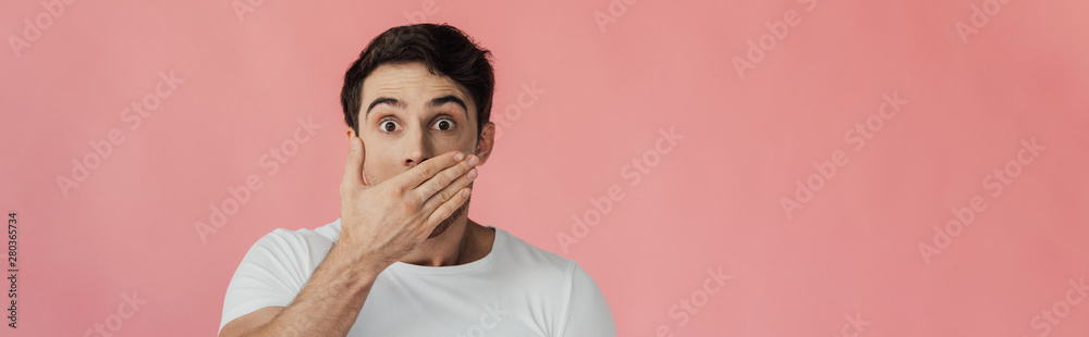 panoramic shot of scared young man covering mouth with hand and looking at camera isolated on pink panoramic shot of scared young man covering mouth with hand and looking at camera isolated on pink