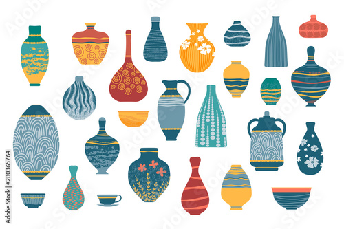 Ceramic crockery set. Pottery earthenware, vases, clay bowls and pots isolated on white.  