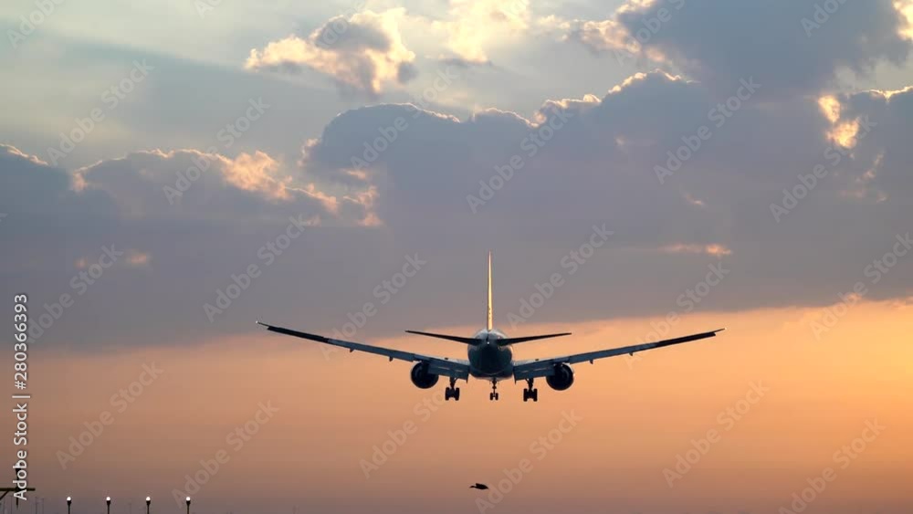 Tracking shot of airplane landing at dusk