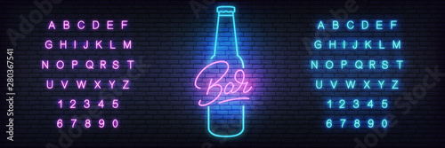 Beer neon template. Glowing lettering beer sign for bar, pub, restaurant, club