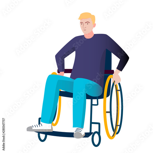 Persons in wheelchair. Hospital patient with disability. Disabled young boy , man character invalid sitting in wheelchairs colorful vector isolated icon set