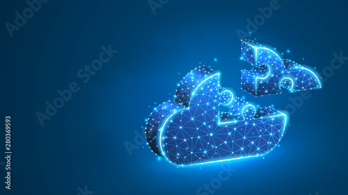 Jigsaw Puzzle database cloud service. Business infographic presentation  data integrity concept. Abstract  digital wireframe  low poly mesh  vector blue neon 3d illustration. Line dot