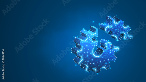 Gear Jigsaw Puzzle. Industry development, engine work, business solution concept. Mechanical technology symbol. Abstract, digital, wireframe, low poly mesh, Raster blue neon 3d illustration. Line dot