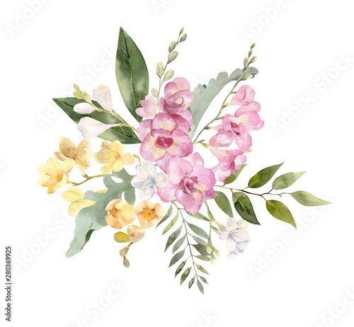 Bouquet of watercolor white pink and yellow freesias
