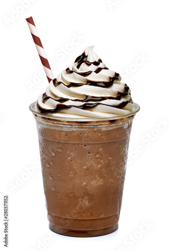 Frappuccino or iced coffee with whipped cream and chocolate syrup in disposable or plastic to go cup isolated on white background